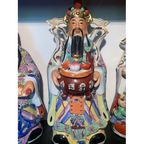 254 - 3X WISE GOD STATUES - FUK, LUK & SAU -HANDPAINTED PORCELAIN WITH GOLD DETAIL -
 70CM H X 30CM W