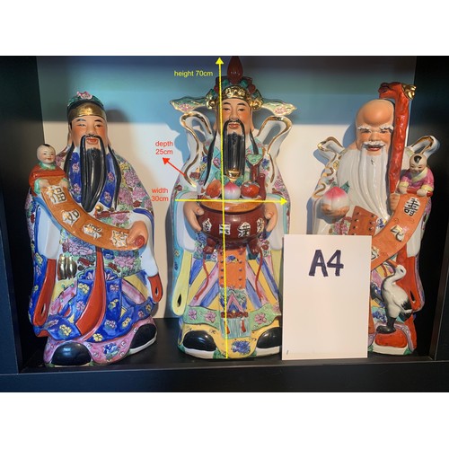 254 - 3X WISE GOD STATUES - FUK, LUK & SAU -HANDPAINTED PORCELAIN WITH GOLD DETAIL -
 70CM H X 30CM W