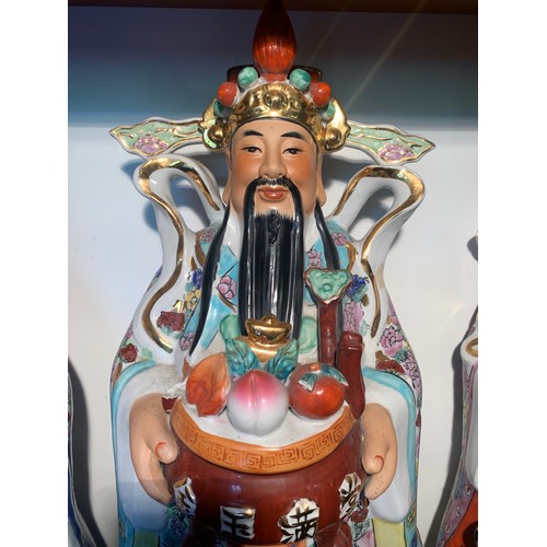 254 - 3X WISE GOD STATUES - FUK, LUK & SAU -HANDPAINTED PORCELAIN WITH GOLD DETAIL -
 70CM H X 30CM W