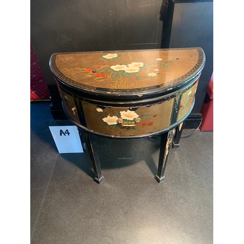 255 - A Chinese Lacquered Gold & Black Demi-Lune Side Table (SOME LACQUER PEELING)