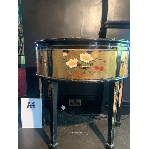 255 - A Chinese Lacquered Gold & Black Demi-Lune Side Table (SOME LACQUER PEELING)