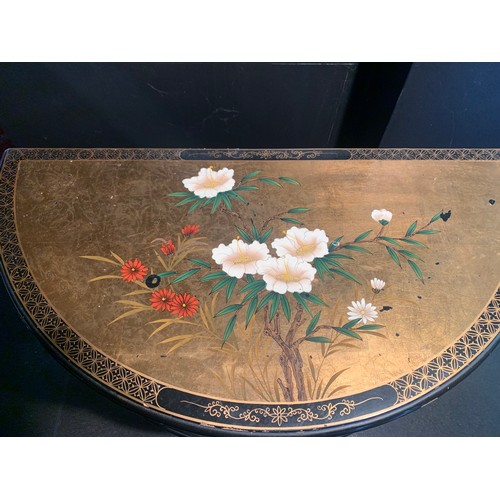 255 - A Chinese Lacquered Gold & Black Demi-Lune Side Table (SOME LACQUER PEELING)