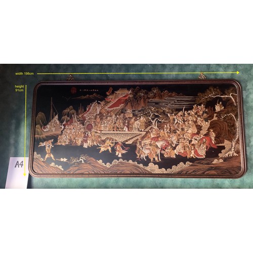 256 - A LARGE CHINESE RECTANGULAR DIORAMA IN BLACK & GOLD OF A BATTLE SCENE -SHOWING AN ARMY BESIEGING A C... 