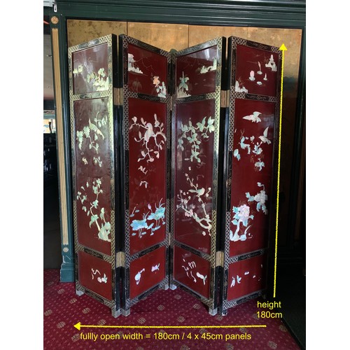 260 - A SUPERB CHINESE LACQUERED BURGUNDY & GOLD GROUND FOUR-FOLD SCREEN - MOTHER OF PEARL BIRD AND BLOSSO... 