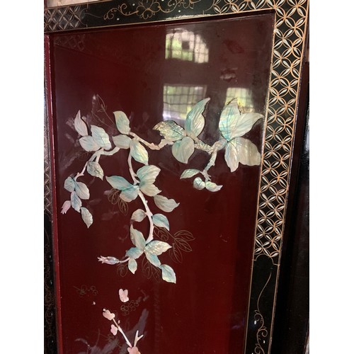 260 - A SUPERB CHINESE LACQUERED BURGUNDY & GOLD GROUND FOUR-FOLD SCREEN - MOTHER OF PEARL BIRD AND BLOSSO... 