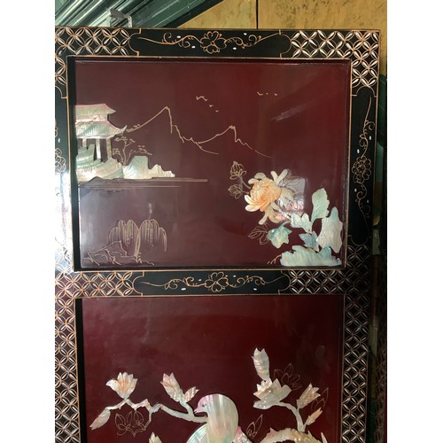 260 - A SUPERB CHINESE LACQUERED BURGUNDY & GOLD GROUND FOUR-FOLD SCREEN - MOTHER OF PEARL BIRD AND BLOSSO... 