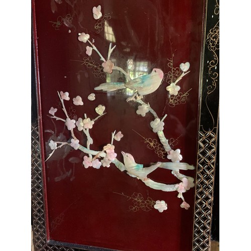 260 - A SUPERB CHINESE LACQUERED BURGUNDY & GOLD GROUND FOUR-FOLD SCREEN - MOTHER OF PEARL BIRD AND BLOSSO... 