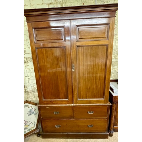 274 - A MAHOGANY WARDROBE, LAST QUARTER 19TH CENTURY, WITH A MOULDED CORNICE OVER A CROSSBANDED FRIEZE, A ... 