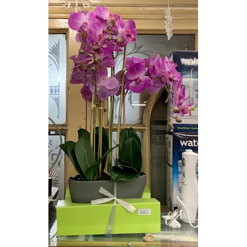 1 - POTTED REAL ARTIFICIAL ORCHID ARRANGEMENT (SMALL CHIP IN RIM)