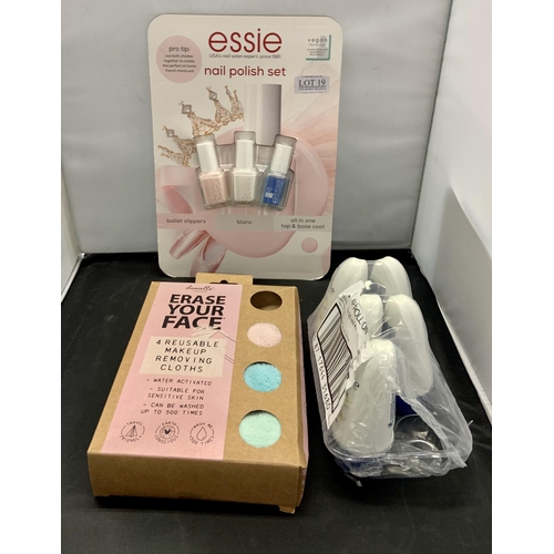 19 - SET OF X3 ESSIE NAIL POLISH SET AND X5 DOVE ROLL ON DEODERANT AND MAKEUP CLOTHS