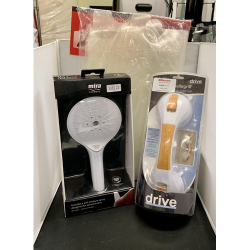 21 - BOXED MIRA SHOWERS SHOWER HEAD SEALED IN BOX WITH A SUCTION CUP GRAB BAR WITH X5 FOLDABLE SHOE STORE... 