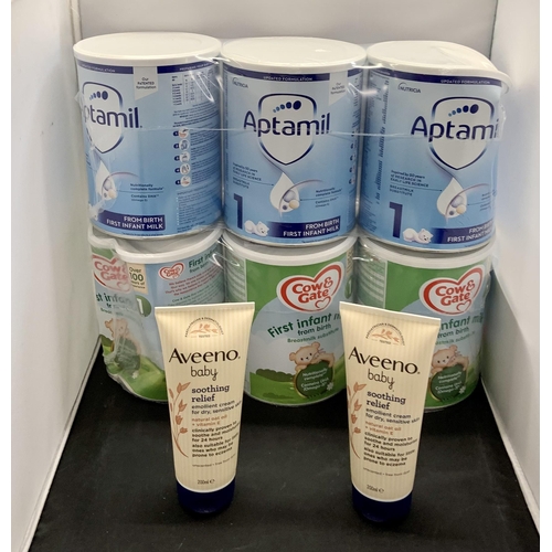 23 - X6 PACKS OF FIRST INFANT MILK (X3 COW AND GATE, X3 APTAMIL) SEALED IN PACKAGING WITH X2 AVEENO BABY ... 