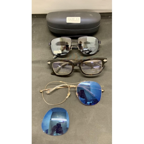 33 - X2 PAIRS OF GUCCI GALSSES INCL SPECTACLE FREAM,ES AND SUNGLASSES AND ONE OTHER (ALL DGED)