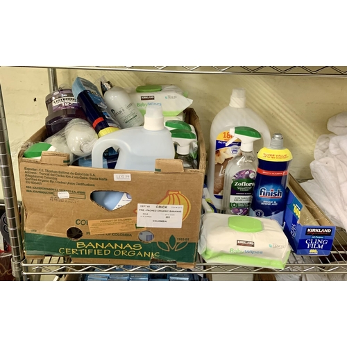 59 - LARGE BOX OF VARIOUS HOUSEHOLD ITEMS INCL, LENOR, VARIOUS HANDWASHES, LISTERINE MOUTHWASH, FINISH RI... 