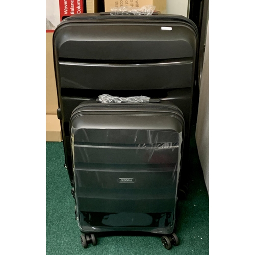 156 - AMERICAN TOURISTER TWO PIECE HARDHELL SUITCASES IN BLACK, LARGE AND CABIN