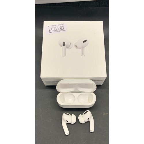 207 - BOXED PAIR OF APPLE AIRPOD PROS IN WIRELESS CHARGING CASE WIHT WIRE AND EXTRA BUDS