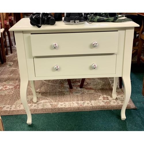 222 - SMALL TWO DRAWER CHEST OF DRAWER ON LEGS WITH ENAMELLED HANDLES