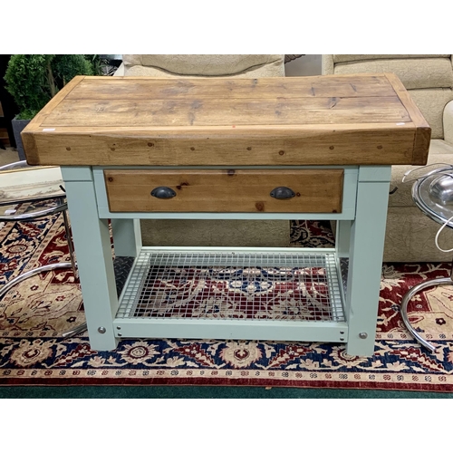 232 - VINTAGE WORKSHOP BUTCHERS BLOCK ON TURQUOISE LEGS IN EXCELLENT CONDITION