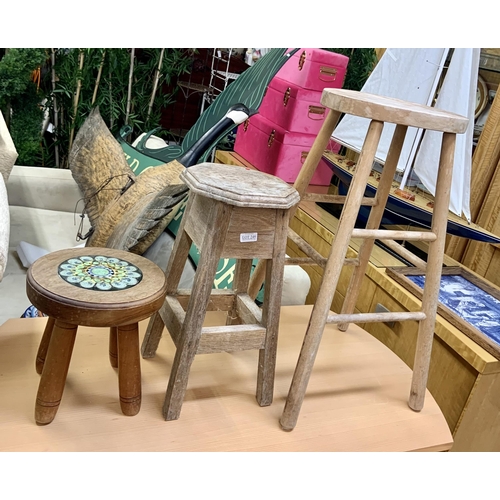 249 - X3 VARIOUS WOODEN STOOLS, INCL ONE UNUSUAL MOSAIC TILE TOPPED STOOL