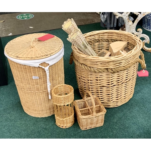 250 - WICKER LAUNDRY BASKET WITH A ROPE HANDLED WICKER BASKET AND TWO OTHER WICKER ITEMS