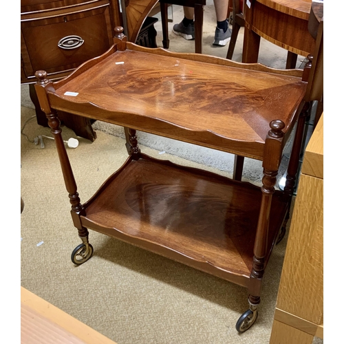 256 - TWO TIER MAHOGANY SERVING TROLLEY ON WHEELS