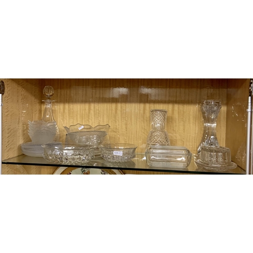 273 - SHELF OF VARIOUS CUT GLASS BOWLS INCL BUTTER DISHES, HEAVY GLASS CANDLE STICKS, AN UNUSUAL DECNATER ... 