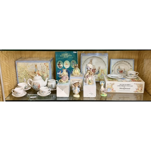 276 - SHELF OF PETER RABBIT WEDGWOOD AND ROYAL ALBERT TEA SETS, FIGURINES, PLATES ETC....