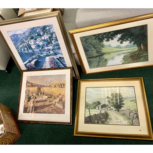 294 - X4 VARIOUS FRAMED PICTURES DEPICTING MOUNTAINS, DOCKS, FARMS ETC.....