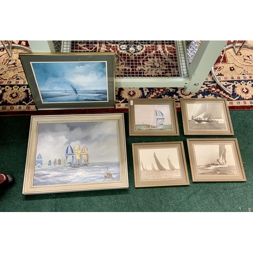 298 - X6 FRAMED PICTURES OF SAILING BOATS ONE SIGNED. DF DANE ETC....