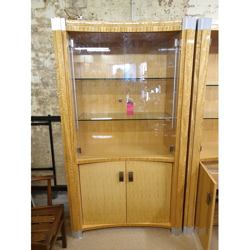 244 - GIORGIO COLLECTION BURR SATINWOOD AND CHROME LIT 2 GLASS DOOR DRINKS DISPLAY CABINET WITH TWO DOOR C... 