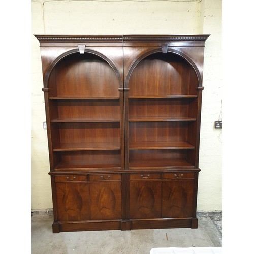 252 - LARGE OAK FOUR DRAWER FOUR DOOR GOTHIC STYLE DOUBLE ARCH BOOK CASE WITH ADJUSTABLE SHELVES