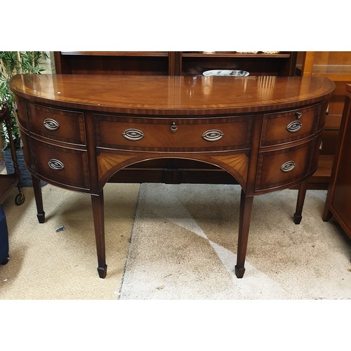 253 - LARGE HALF MOON MAHOGANY SIDEBOARD WITH ONE DRAWER AND TWO CUPBOARDS APPROX 176CM X 68CM X 96CM