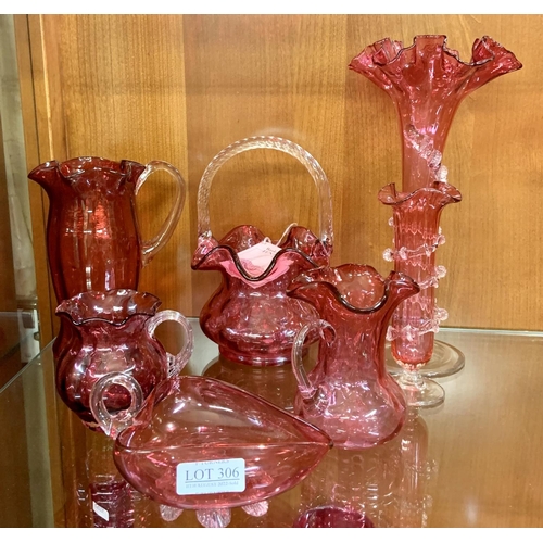 306 - X7 PIECES OF VARIOUS CRANBERRY GLASS INCL BASKETS ARFENTON, VARIOUS JUGS, UNUSUAL VASE ETC....