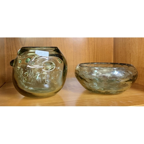 313 - X2 GREEN GLASS ITEMS, A BOWL AND VASE