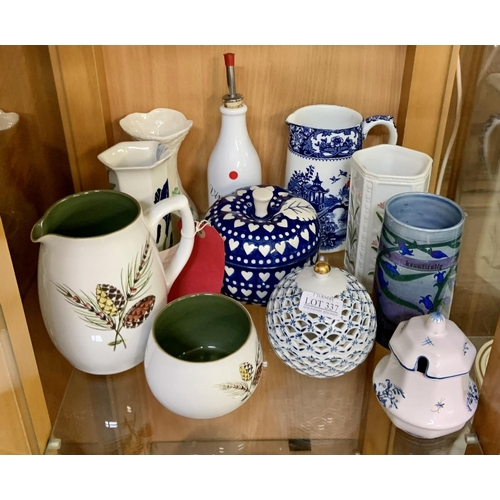 337 - SHELF OF VARIOUS CERAMICS INCL POTS, COVERED BOWLS, PORCELAIN VINEGAR BOTTLE ETC.....