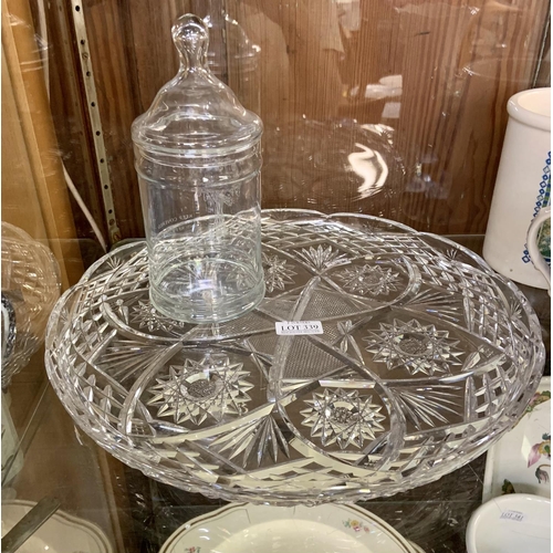 339 - LARGE HEAVY CUT GLASS CIRCULAR SERVING TRAY