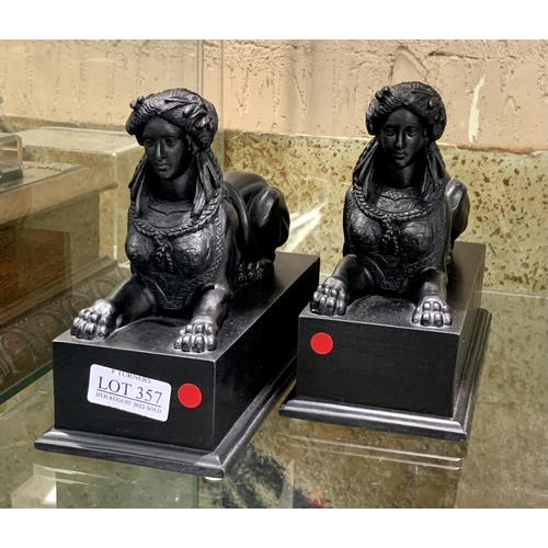 357 - PAIR OF BLACK SPHINX ON BASALT BASE BOOKENDS, FINISHED IN BASALT (MADE IN EUROPE)