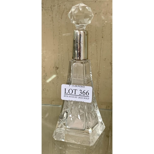 366 - AN ETCHED GLASS HALLMARKED SILVER RIMMED PERFUME BOTTLE WITH STOPPER