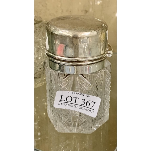 367 - AN ETCHED GLASS LIDDED JAR WITH SILVER LID ENGRAVED 'JOSIE', HALLMAKRED C.1890, STAMPED J.S