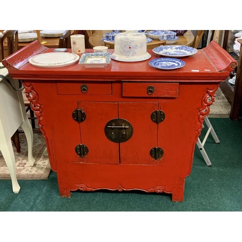 330 - UNUSUAL ORIENTAL STYLE CUPBOARD PAINTED RED