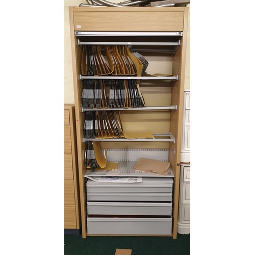 215 - LARGE ROLL DOOR BEECH FILING CABINET , FOUR SHELVES, FIVE COMPARTMENTS