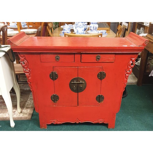 330 - UNUSUAL ORIENTAL STYLE CUPBOARD PAINTED RED