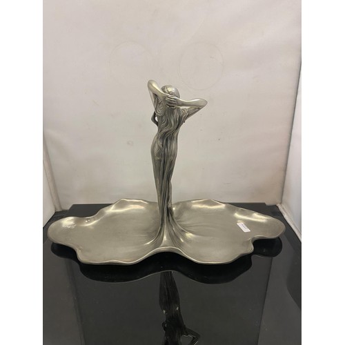 364 - ALBERT MAYER PEWTER TABLE CENTER PIECE OF GIRL WITH HANDS IN HAIR WMF Art nouveau