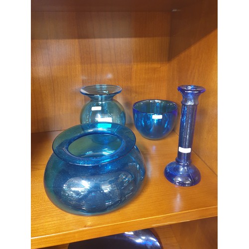 315 - X5 ITEMS OF BLUE GLASS INCL, BOWLS, CANDLESTICK, ETC...