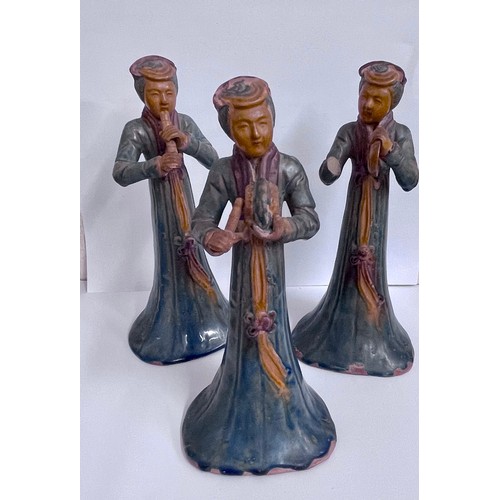 378 - Set of three early 20th century Chinese clay figures in the form of musicians all 20cm H (approximat... 