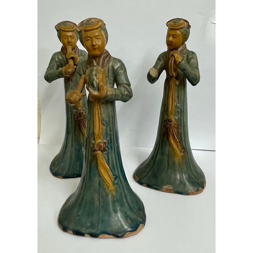 378 - Set of three early 20th century Chinese clay figures in the form of musicians all 20cm H (approximat... 