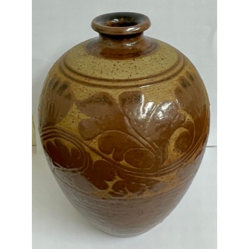 379 - Large Scraffito- stoneware- bulbous shaved vase 25cm H probably mid 20th century 