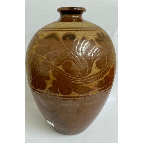 379 - Large Scraffito- stoneware- bulbous shaved vase 25cm H probably mid 20th century 