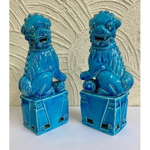 397 - PAIR OF OLD CHINESE TURQUOISE BUDDHISTIC LIONS, 21.5CM HIGH