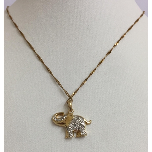 358 - 9CT GOLD/DIAMOND ELEPHANT PENDANT ON 18